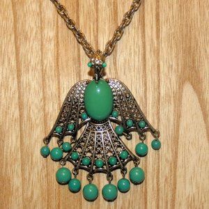 Vintage Peacock Necklace Large Pendant Bird of Paradise Pheasant Green Cabochon